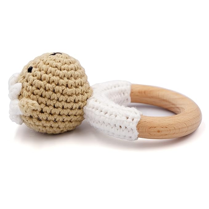 Joliecraft Natural Wooden Baby Rattle Soft Shaker Toy with Teething Ring for Infants Cream Lamb