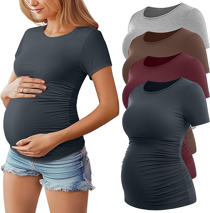 Huukeay 4 Pack Women's Maternity Shirts, Crew Neck Maternity Top Short Sleeve Casual Cotton Tee Side Ruched Pregnancy Clothes
