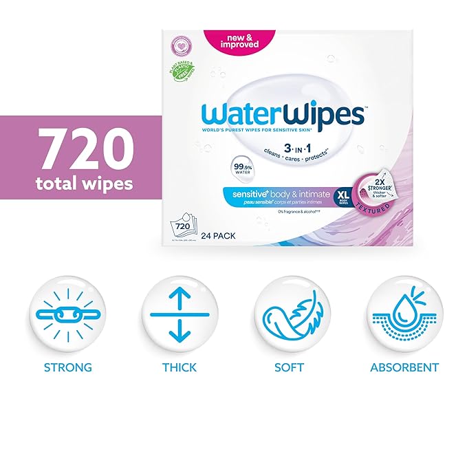 WaterWipes Adult Care Sensitive Body & Intimate Hygiene Wipes, 720 Wipes (24 Packs), Extra Large Textured, 99.9% Water-Based, For Everyday Personal Uses