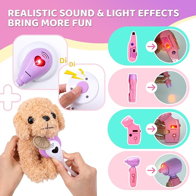 Meland Toy Doctor Kit for Girls, Pretend Play Toy Doctor Set with Dog , Carrying Bag, Stethoscope & Dress Up Costume Gift for Kids Toddlers Ages 3 4 5 6 Year Old for Role Play