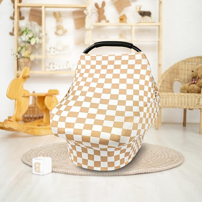 TANOFAR Car Seat Cover for Baby, Multi-Use Cover Carseat Canopy, High Stretchy & Breathable Infant Carseat Cover, Shower Gifts for Unisex Boys and Girls (Light Brown Checkerboard)