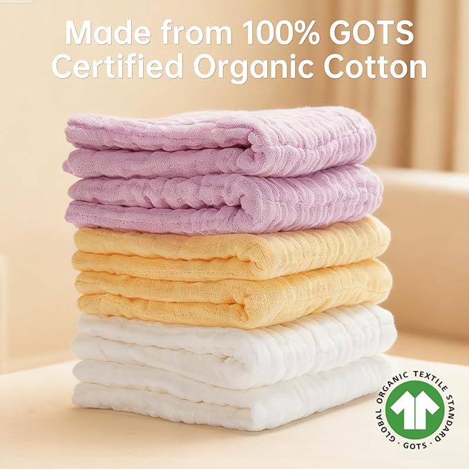 Organic Muslin Baby Washcloths 6 Pack Baby Bath Face Towel 12x12 Inch Extra Absorbent and Soft Burp Cloth and Wash Cloths for Newborn-Infants On Sensitive Skin (White Yellow Pink)