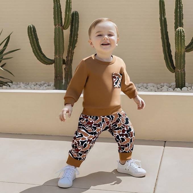 Toddler Boy Fall Winter Clothes Baby Camo Hunting Outfits Retro Pullover Sweatshirts + Camouflage Pants Set