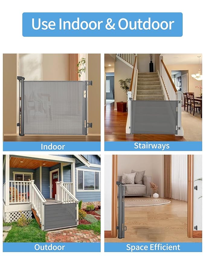 Retractable Baby Gate for Doorways and Stairs, Mesh Safety Gate for Pet, Indoor & Outdoor Use, One-Hand Operation, Easy Installation, 33.6" Tall, Expands to 55" Wide（Grey,33.6"x55")