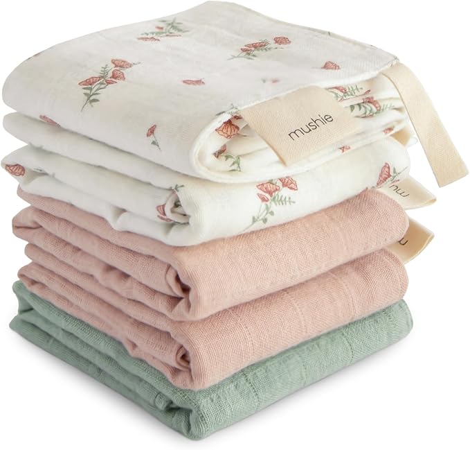 mushie Muslin Organic Cotton Washcloths 5-Pack (Pink Flowers Combo) | Soft Wipes for Baby Cleanups and Bathing