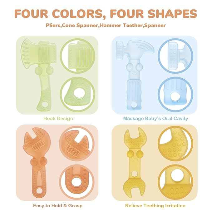 TYRY.HU Baby Teething Toys for Babies 0-6 Months 6-12 Months, BPA Free Silicone Baby Molar Teether Chew Toys, Hammer Wrench Spanner Pliers for Boys Girls, Soft-Textured, Easy to Hold & Clean, 4 Packs