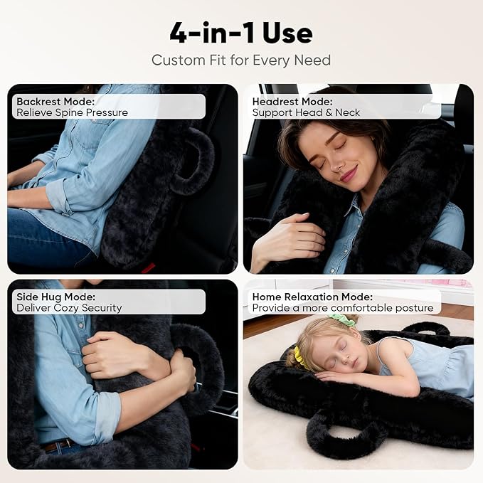 Car Pillow for Kids, Travel Pillow for Car Sleeping, Head and Neck Support Cushion with Removable Inner Insert, Washable Cover (Black)
