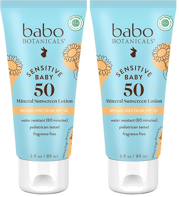 Babo Botanicals Sensitive Baby Mineral Sunscreen Lotion SPF50, Natural Zinc Oxide, Face & Body, Fragrance-Free, Water Resistant, EWG Verified, Vegan, Extra Sensitive Skin, For Babies/Kids (Pack of 2)