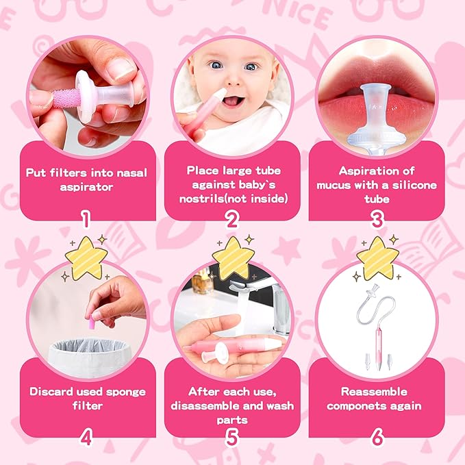 Baby Nasal Aspirator with 25 Hygiene Filters, Soft Silicone Tips Nose Cleaning Tweezer for Infants and Toddlers,Pink