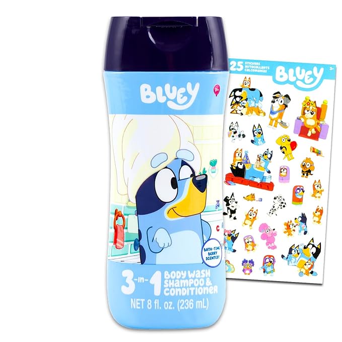 Bluey Kids Shampoo, Conditioner, Body Wash 8 Oz Bottle - Bundle with 3-in-1 Berry Scented Body Wash, Shampoo & Conditioner Plus Stickers | Bluey Bathroom Set