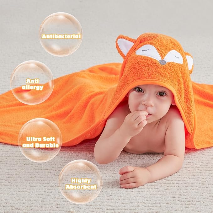 Touchat Hooded Baby Towels, Soft and Hypoallergenic Baby Bath Towels with Hood for Toddler Infant Newborn, Large and Absorbent Toddler Towels for Baby Boy Girl (Fox Kit, 35.1''x35.1'')