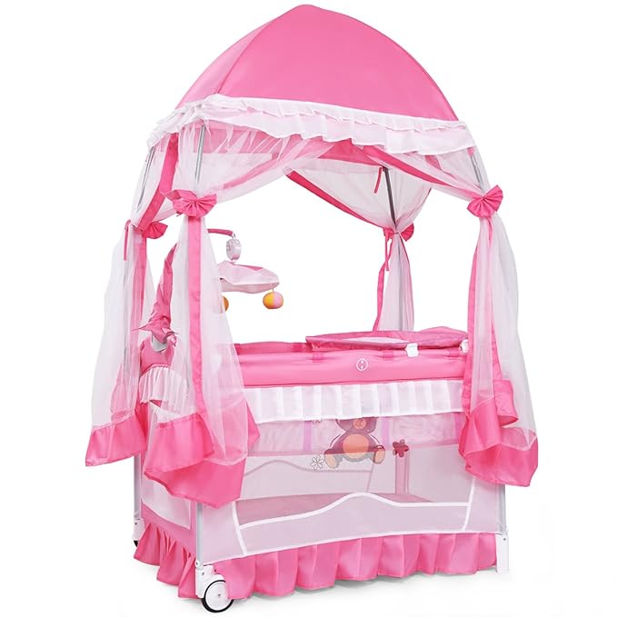 BABY JOY 4 in 1 Pack and Play with Canopy, Portable Baby Playard with Bassinet, Double-Layer Baby Crib, Wheels & Brake, Foldable Baby Girl Pink Princess Bassinet from Newborn to Toddler