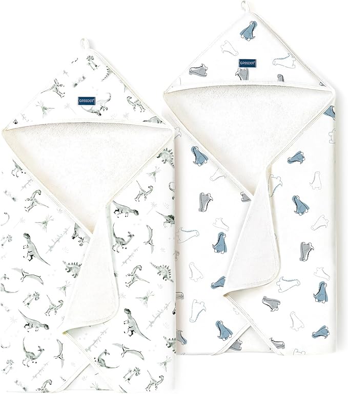 GRSSDER Baby Hooded Towel 2 Pack for Newborn, Super Soft Bath Towels with Original Designs, Ultra Absorbent Knit Terry, Large Toddler Towels with Hood for Boys Girls, Shower Gifts for Infant,34"x 34"
