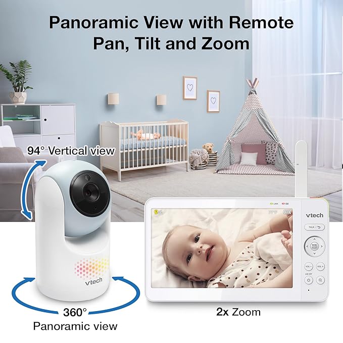 VTech 7" Baby Monitor with IPS Screen, Pan Tilt Zoom Camera, No WiFi Video Baby Monitor, Multi-Color Night Light, 2-Way Talk, Lullabies, Long Battery Life Long Range: Advanced HQ Max Blue