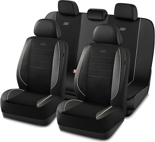 Skechers Air-Cooled Memory Foam Seat Cover, Mesh Thick Car Seat Covers,Piping Leather Car Seat Cover Full Sets,Airbag Compatible,Automotive Comfort Universal Fit Most Cars,Vans,Trucks,SUV,Beige