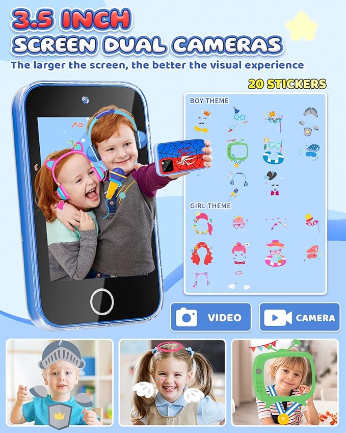 Kids Phone 3.5" Touchscreen, Pretend Smartphone with Dual Camera, Spider Toy Phone for Boys 3-8, Learning ABC & Habit Tracker, Birthday