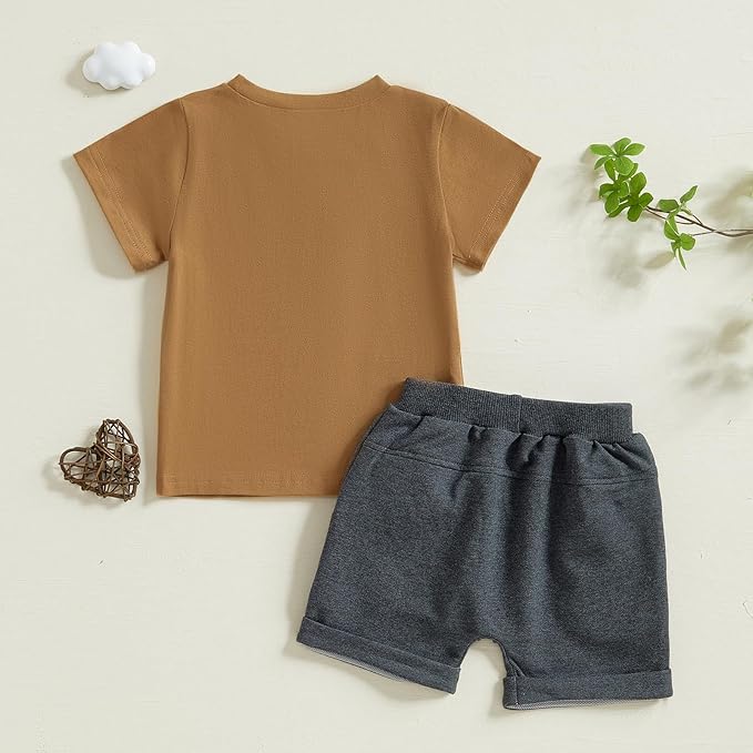 fhutpw Toddler Baby Boy Summer Clothes Tractor Letter Short Sleeve T-Shirt Tops Pockets Casual Shorts Set Infant Outfits