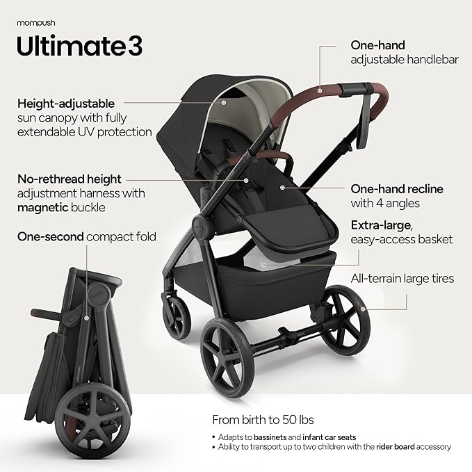 Mompush Ultimate 3 Full Size Baby Stroller from Newborn to 50 lbs - All-Terrain Large Wheels with Full Suspension, Reversible & Extendable Seat for Growing Kids, One-Second Compact Fold