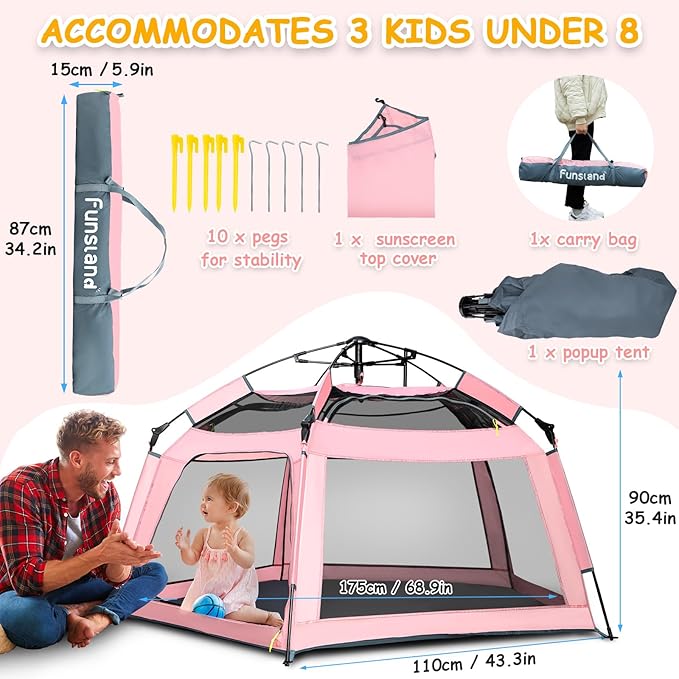 Baby Playpen Pop-up Tent - Outdoor & Indoor Play Tent for Beach with Canopy Travel Bag Portable Play Yard for Babies & Toddlers (Pink)