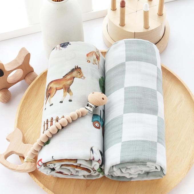 LifeTree Muslin Swaddle Blankets, Farm Animals Baby Swaddling Wrap Nursery Receiving Blanket for Boys & Girls, Soft 70% Viscose from Bamboo and 30% Cotton, Large 47 x 47 inches