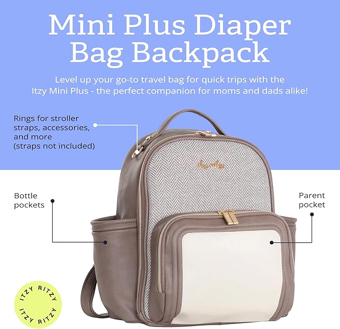 Itzy Ritzy Mini Diaper Bag Backpack – Chic, Compact Mini Plus Backpack with Changing Pad, 10 Pockets (6 Internal, 4 External), Grab-Top Handle & Rubber Feet (Vanilla Latte)