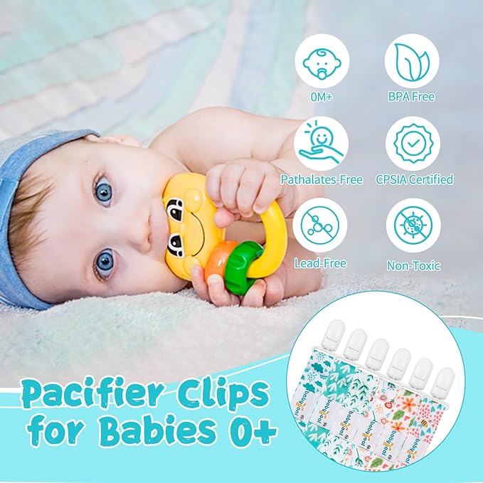 babygoal Floral Pacifier Clips, 6 Pack Binky Paci Holder Clips Leashes Fits for Most Pacifiers and Binkies 6PS13