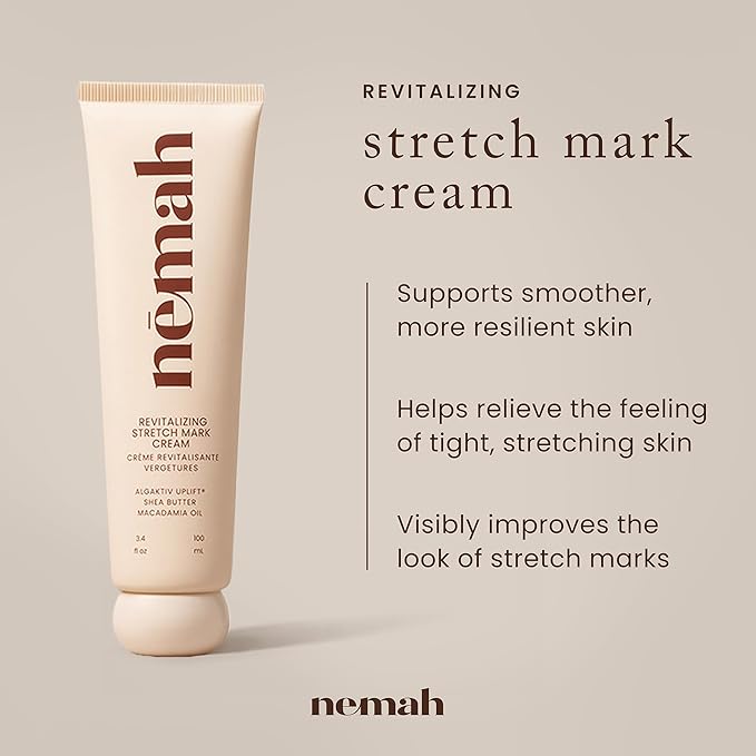 Nemah Stretch Mark Cream for Pregnancy, Moisturizing Belly Cream with Algaktiv UpLift, Shea Butter & Macadamia Oil, Pregnancy Body Cream for Belly, Hips & Thighs, 3.4 oz