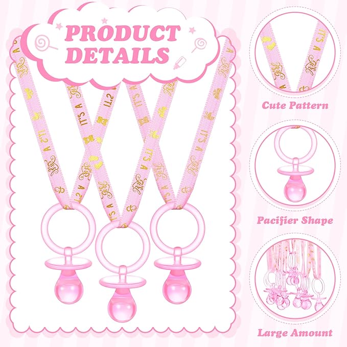 Geiserailie 36 Pcs Baby Shower Pacifiers Necklace Acrylic Pacifiers Necklace Charm Party Favors for Girls Boys Baby Shower Party Decorations Table Scatter(Pink)