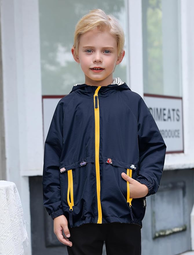 FYMNSI Kids Boys Lightweight Waterproof Hooded Jacket with Pockets Toddler Spring Fall Outfits Zip Up Thin Outwear Coats
