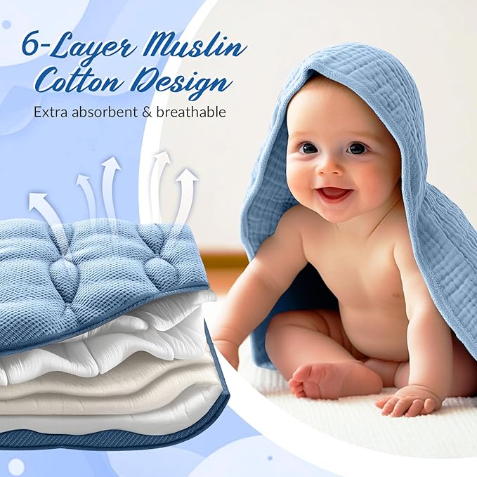 6 Pcs Muslin Hooded Bath Towels Washcloths and Bibs Set, Muslin Cotton Baby Towels Absorbent Hooded Blanket Towel Infant Bibs for Boys Girls Newborn Infant Essential(Blue, Navy Blue)