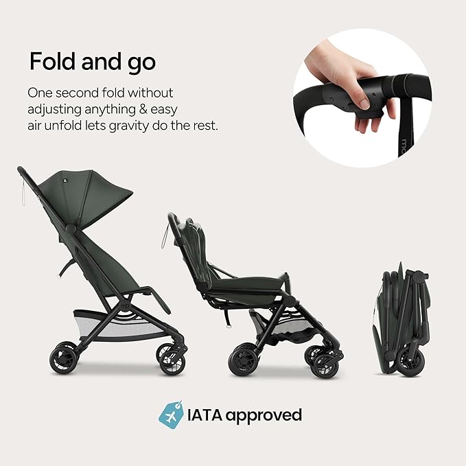 Mompush Velo Lightweight Travel Stroller, Compact & Airplane-Friendly for Baby and Toddler, Lie-Flat Seat, One-Hand Fold, with Leather Bumper Bar, Shoulder Strap, Raincover, Storage Bag & Cup Holder