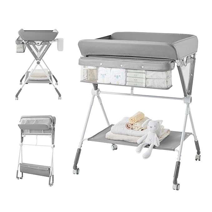 KUB Portable Baby Changing Table, Foldable Diaper Changing Table with Wheels for Nursery, Toddler Changing Table with Adjustable Height, Portable Changing Table for Newborn, Infant Grey