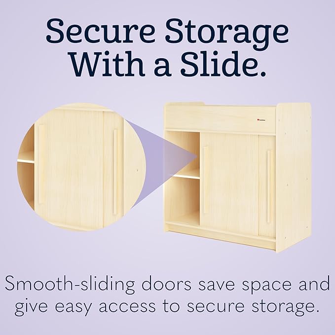Foundations SafeGlide Daycare Changing Table, Durable Wood Construction, Built-in Shelving for Ample Storage, Gliding Doors, Adjustable Safety Strap, Includes Foam Mattress Pad, Natural