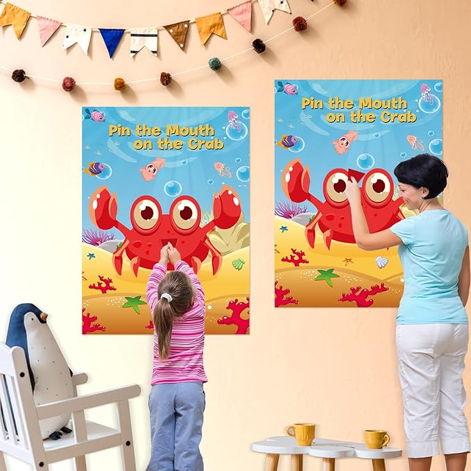 NEBURORA 2 Pack Pin The Mouth on The Crab Party Game 2 Large 21"x 28" Posters with 48pcs Stickers Ocean-themed Birthday Party Supplies Decorations for Kids Boys Classroom Game Wall Home Decor