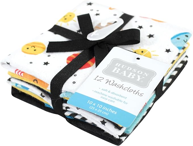 Hudson Baby Unisex Baby Flannel Cotton Washcloths, Happy Planets 12 Pack, One Size