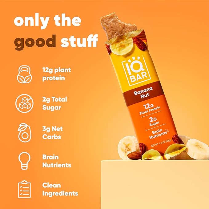 IQBAR Brain and Body Clean Plant Protein Bars - Banana Nut - 24 Bars - Keto, Vegan, High Fiber, Gluten and Dairy Free, Low Sugar Snack with Nutrients for Focus, Energy, Meal Replacement