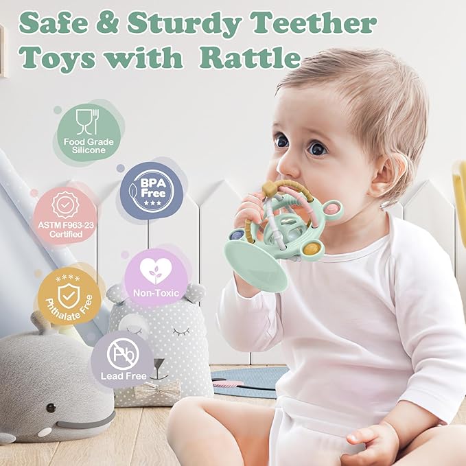 TYRY.HU Silicone Baby Teething Toys for Babies 0-6 6-12 Months, Multi Purpose High Chair Toys, Baby Suction Table Toys, Teething Relief Chew Toy, Sensory Rattle Toy with Textures for Infants, Green