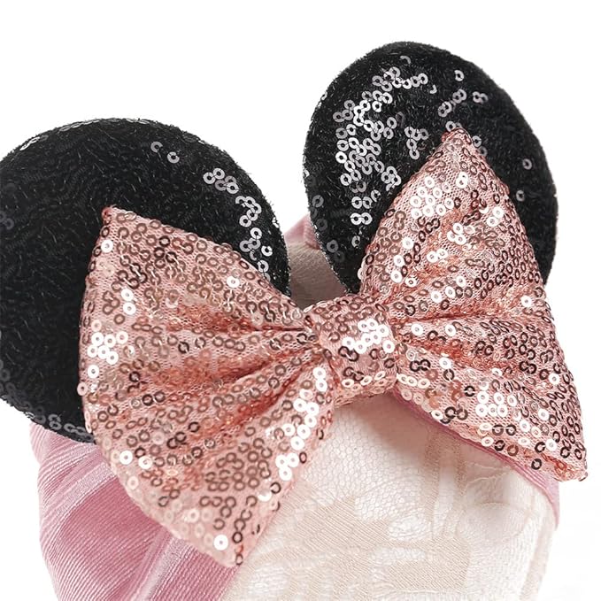 JIAHANG Baby Girl Mouse Ears Turban Headwrap with Sequin Bows, Wide Velvet Hairband, Hair Bow Headband for Newborn Toddler, kids, Party Supplies (oufen HW)