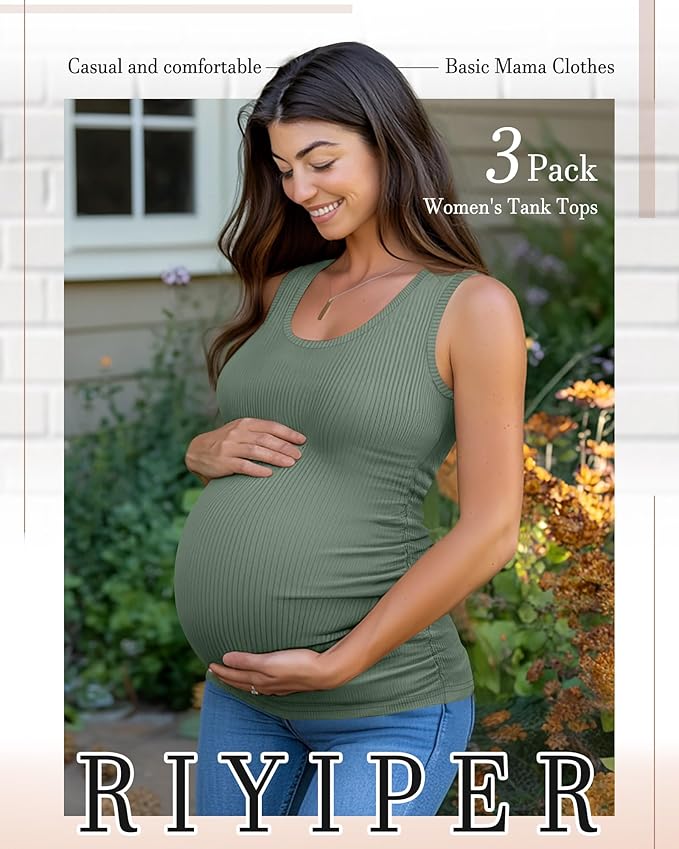 Riyiper 3 Pack Women's Maternity Tank Tops, Sleeveless Cotton Pregnancy Shirts Ribbed Knit Sides Ruched Basic Mama Clothes