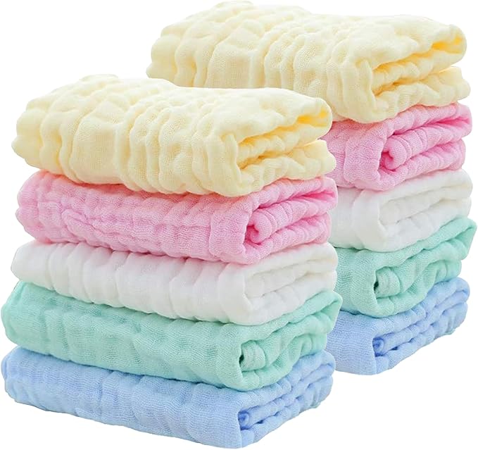 10 Pack Soft Muslin Unisex Baby Washcloths For Daily Use, 100% Cotton Set For Delicate Skin. Soft and Super Absorbent, Newborn Baby Essentials And Baby Registry,12x12 Inches (Multicolored)