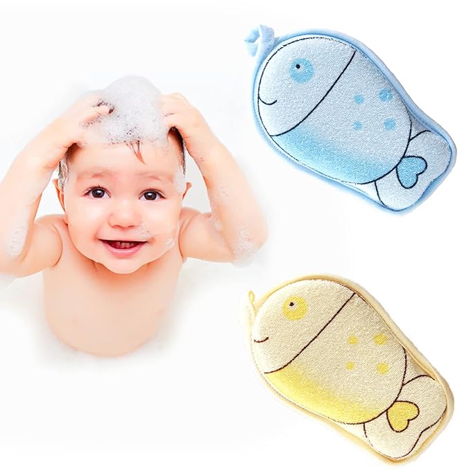 Baby Bath Sponge, 2 Pack Cartoon Animal Style Baby Sponge for Bathing, Infants Bath Sponge Ultra Soft & Absorbent Natural and Safe Great for Sensitive Skin, for Boys & Girls (Fish)