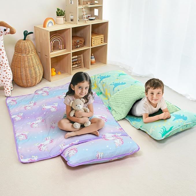 Toddler Nap Mat with Pillow and Minky Blanket, Large 55"x35" Sleeping Bag, Washable, Lightweight, Easy to Roll, Perfect for Preschool, Daycare, Kindergarten, Travel, Boys and Girls