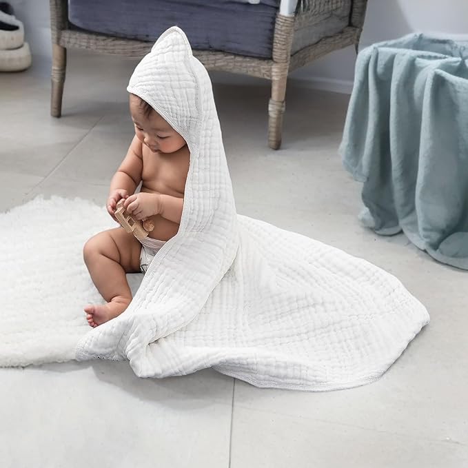 Soft Hooded Baby Towels for Newborn Babies 6 Pack 100% Cotton Muslin Baby Bath Towel with Hood, Absorbent Baby Bath Towels for Boys and Girls (Blue & Green & White)