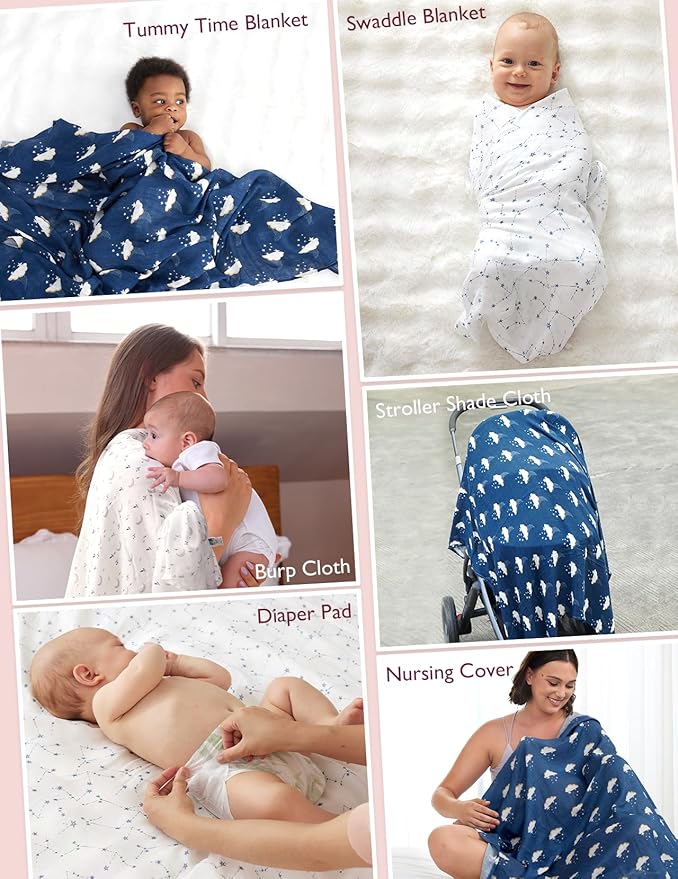 Momcozy Muslin Swaddle Blankets, Ultra Soft Neutral Swaddle Blanket, Breathable Large 47'' x 47'' Baby Infant Newborn Boys Girls Swaddling Receiving Blanket Wraps, Midnight Star Clouds