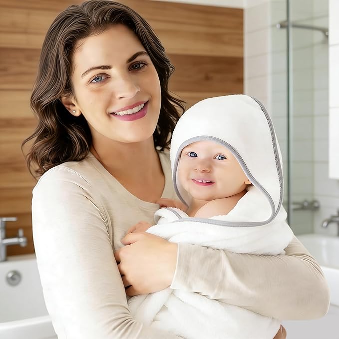 2 Pack Baby Bath Towel - Rayon Made from Bamboo, Ultra Absorbent - Ultra Soft Hooded Towels for Kids - X Large Size for 0-7 Yrs (White and Blue, 37.5 x 37.5 Inch)