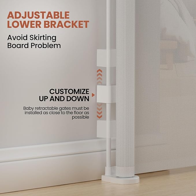Upgrade Retractable Baby Gates Extra Wide(150" W x 42" H), 150 inch Reinforced Retractable Dog Gate to Prevent Crawling Through, Retractable Gate Outdoor/Indoor, Real One-Handed Operation, White