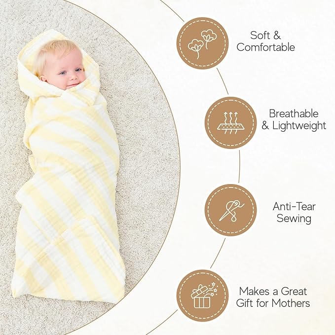 Muslin Baby Bath Towel Set - 100% Organic Cotton 5-Piece Set (2 Large Towels & 3 Washcloths), 6 Layer Super Soft Absorbent Gauze for Newborns (Yellow Stripe)