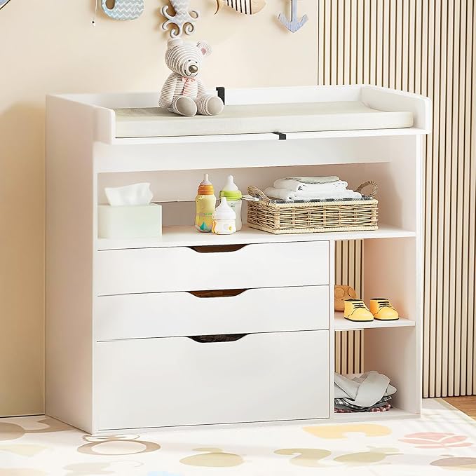 Pipleo Baby Changing Table Dresser with 3 Drawers and 3 Storage Shelves, Can be Used as a Baby Dresser with Changing Table Top, a Baby Changing Station, a Wood Diaper Changing Station (White)