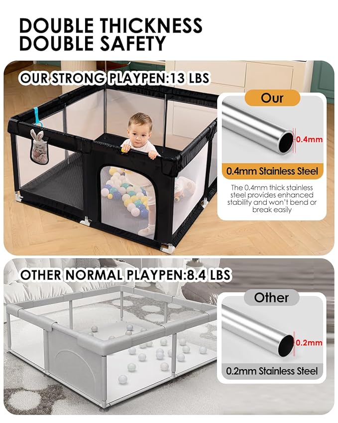 50" x 50" Extra Large Baby Playpen for Babies and Toddlers, Safe Activity Center with Soft Play Fence, Indoor Safety Yard, Easy to Assemble and Clean (Black)