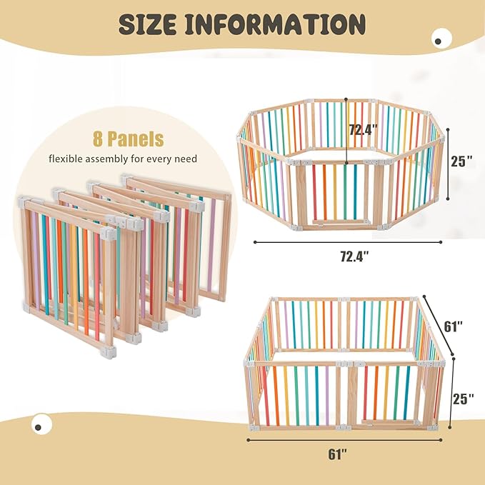 Baby Wooden Playpen, Foldable Shape & Size Adjustable Playpen for Toddler and Babies, Wood Baby Play Yard with Locking Gate, Large Pack and Play for Play Area Indoor(Multicolor, 8 Panel)